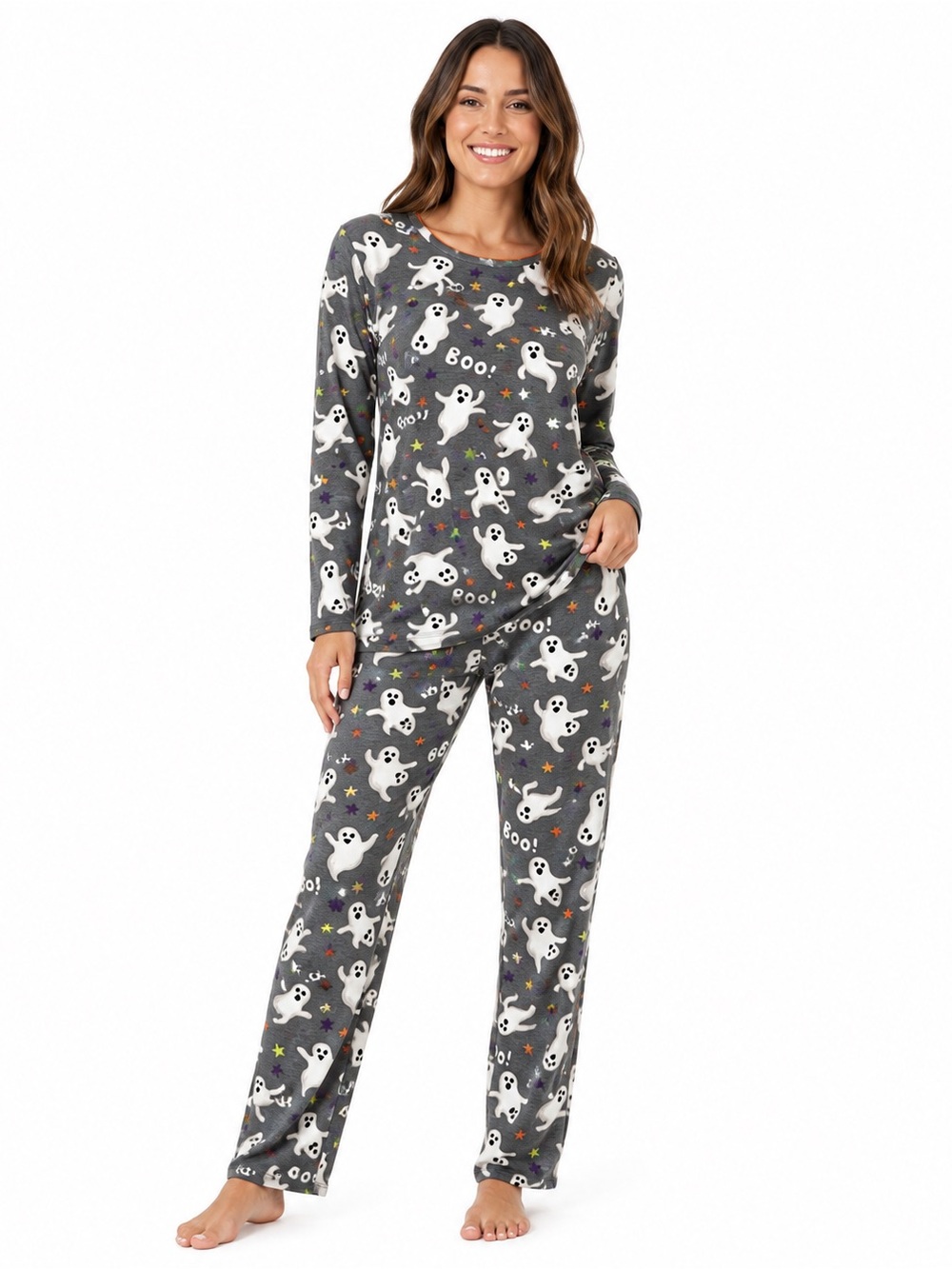 Ghost Print Gray Pajama Set - Cozy Halloween Lounge Set - 0746